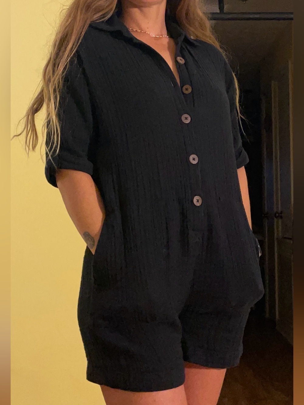 Rip Curl Black Short-Sleeve Button Romper